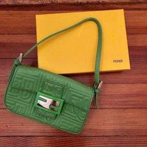 Fendi green Napa embossed mini baguette